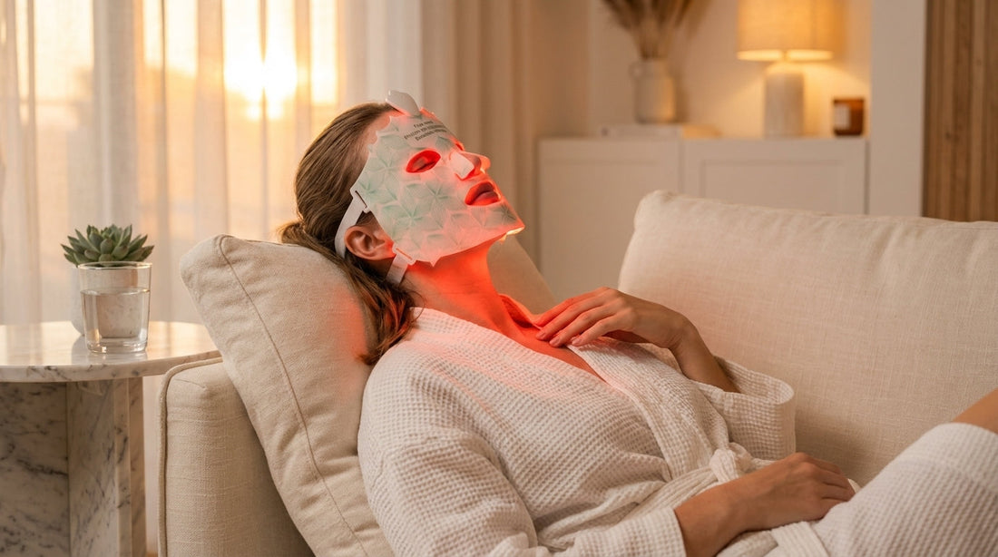 Frau wendet rote LED-Maske gegen Falten im Gesicht an